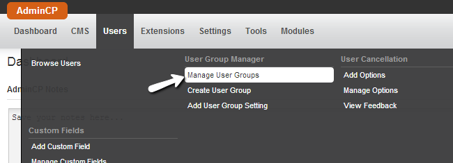 Access the user group management in PHPFox