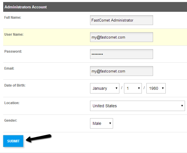 Administrative account setup during PHPFox installation