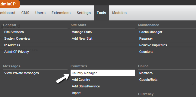 Access country manager in PHPFox