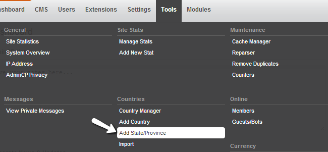Add a state or a province to a country in PHPFox