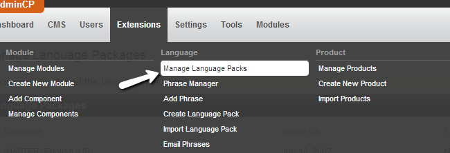 Access language pack manager in PHPFox