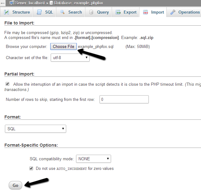 Upload and import database backup via phpMyAdmin