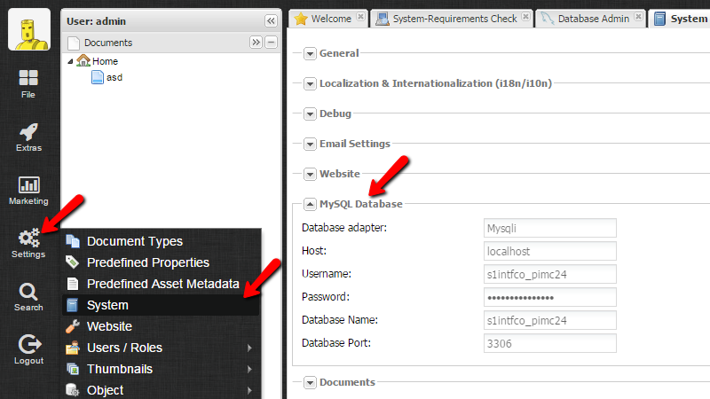 Pimcore database username and password