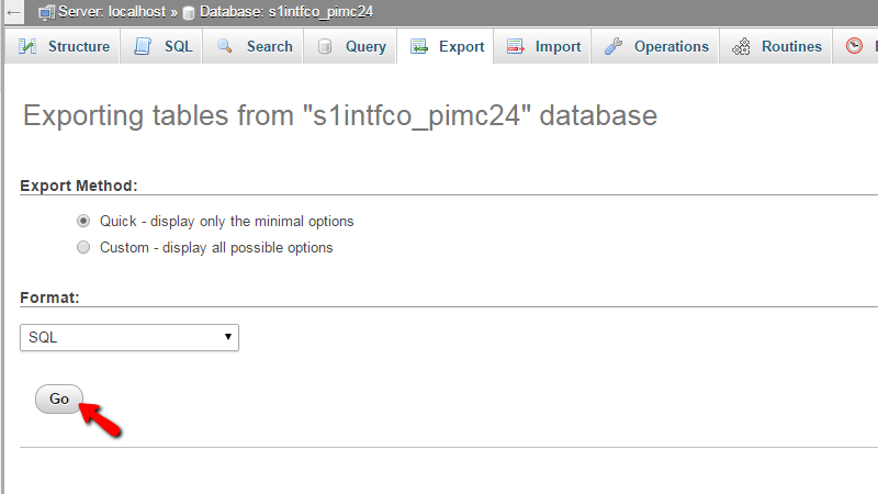 Exporting Pimcore Database via phpMyAdmin
