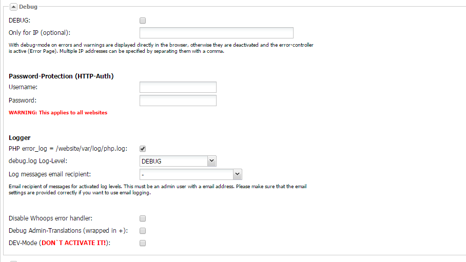 Pimcore debug settings