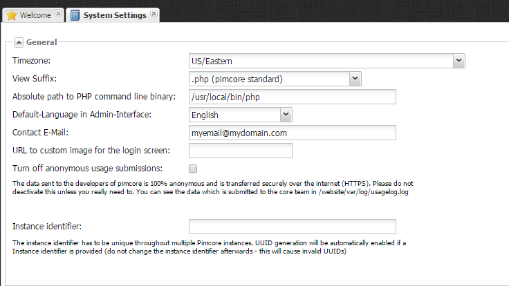 Pimcore General Settings