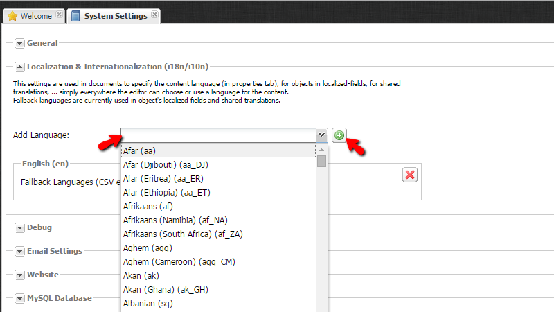 Pimcore Localization Settings