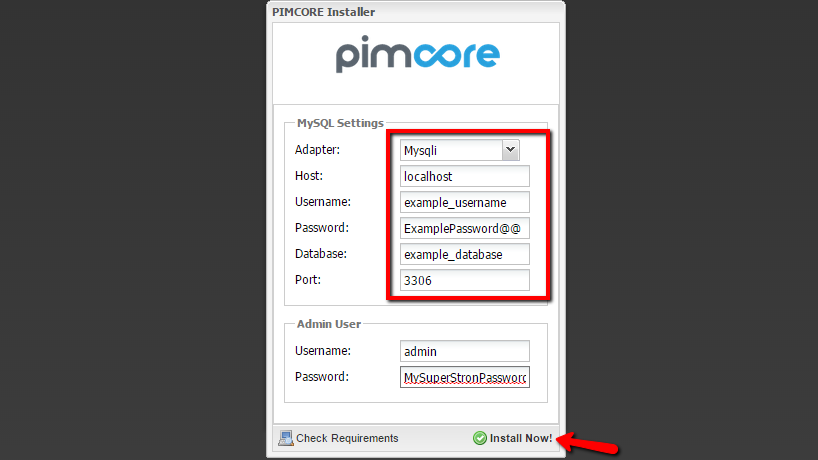 Pimcore Installation MySQL Credentials