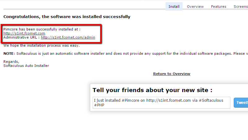 Successful Pimcore Softaculous installation