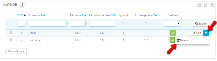 Deleting an existing currency