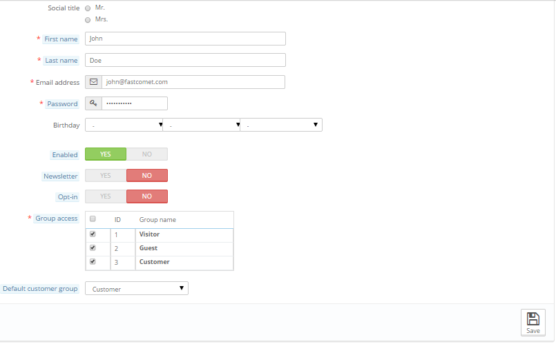 configuring the information for a new customer