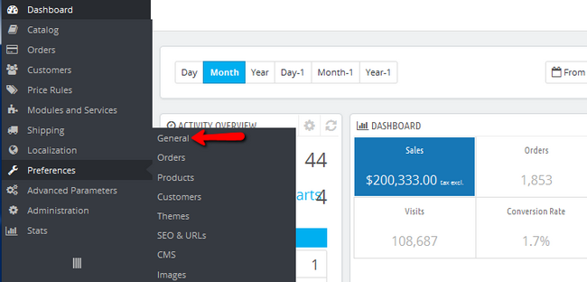 Navigating to the General Preferences of PrestaShop 1.6