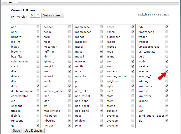 enabling xcache via the module selector