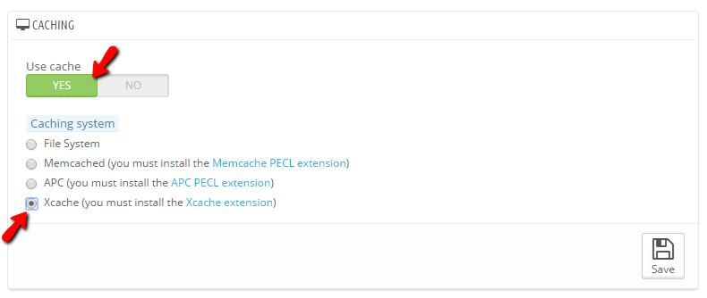 enabling xcache in the performance section of prestashop