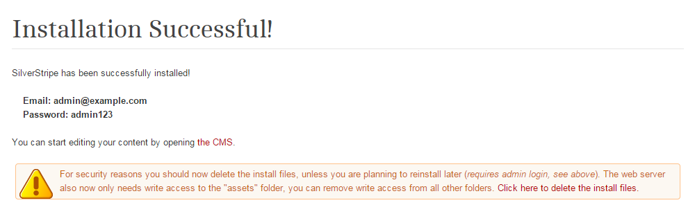 SilverStripe successful installation