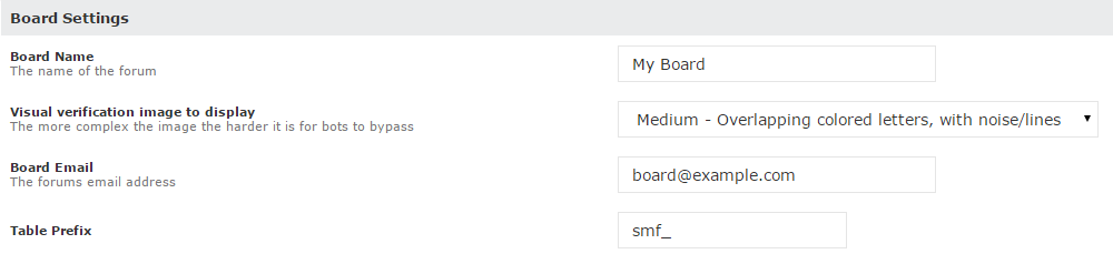 Board Settings for SMF in Softaculous