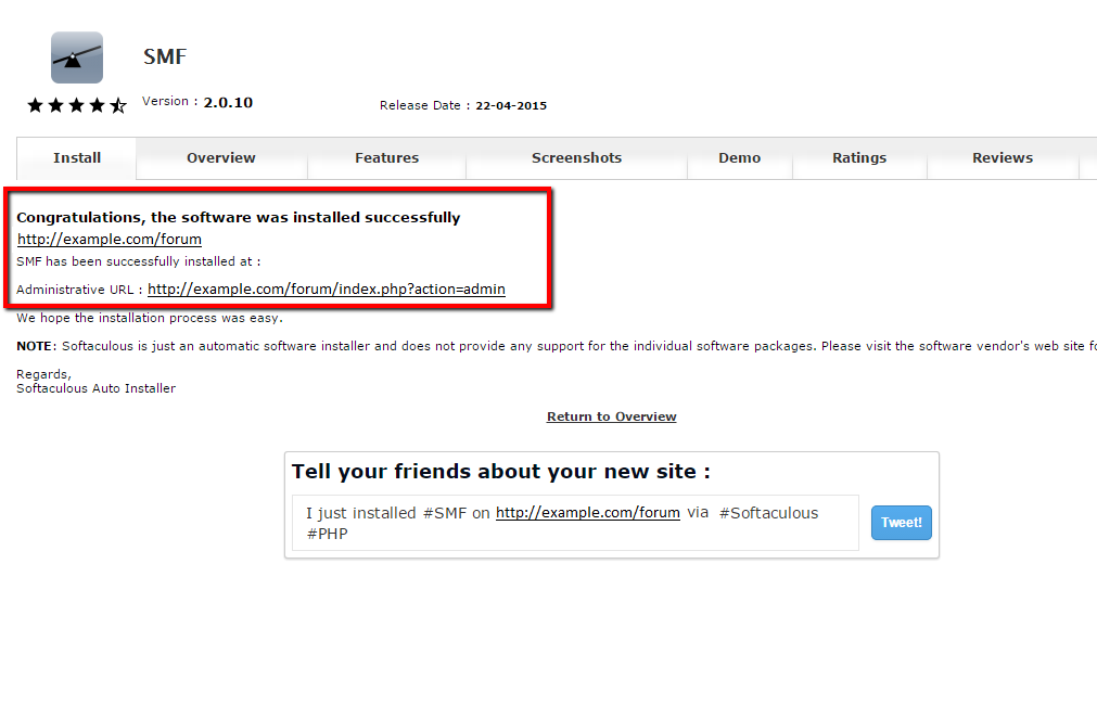 SMF Installation via Softaculous Successfully Completed