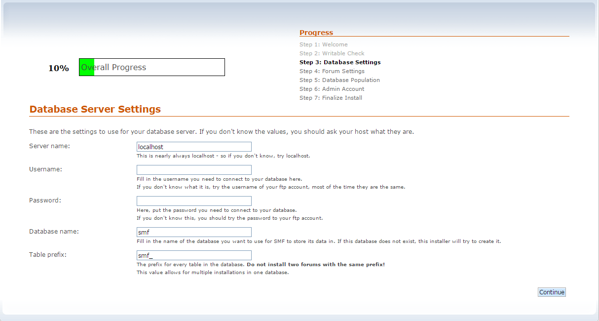 Database Server Settings During SMF Installation