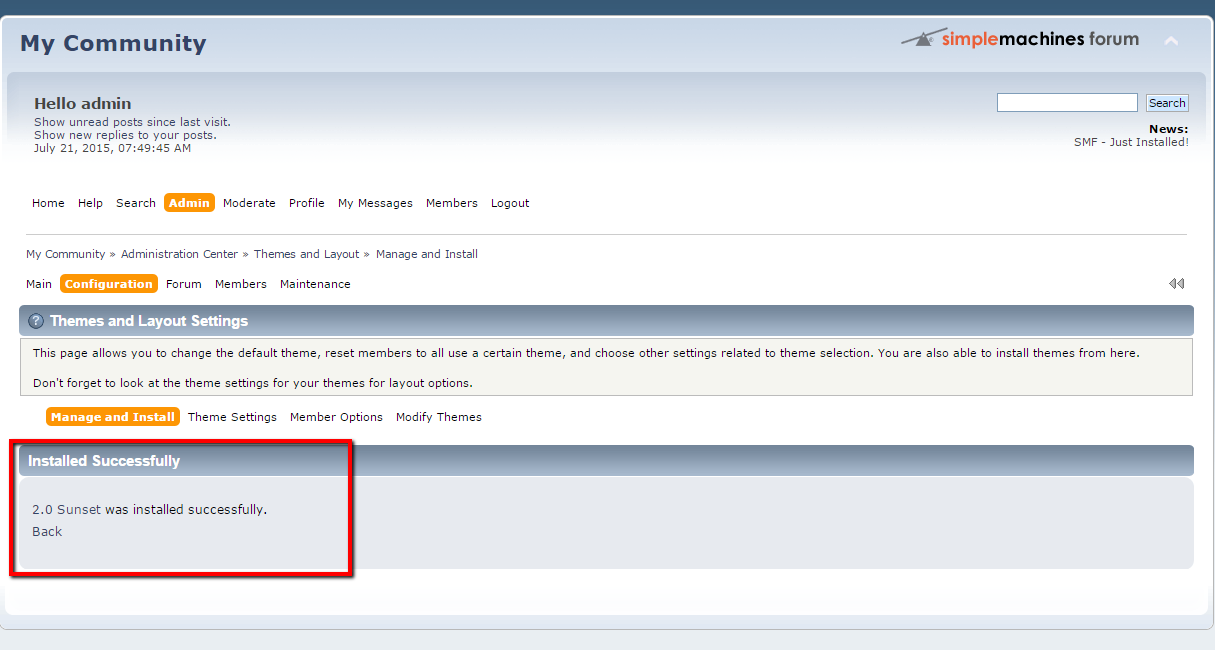 Successful Theme Installation in SMF
