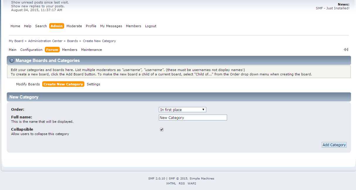 Create Categories in SMF