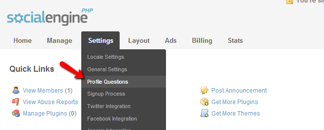 Access profile questions menu in SocialEngine