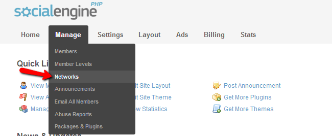 Access networks menu in SocialEngine