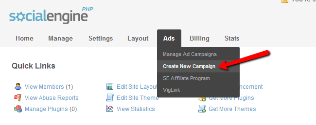 Access campaign menu in SocialEngine