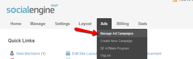 Access the ads management menu in SocialEngine