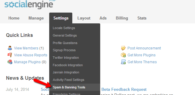 Access spam and banning tools in SocialEngine