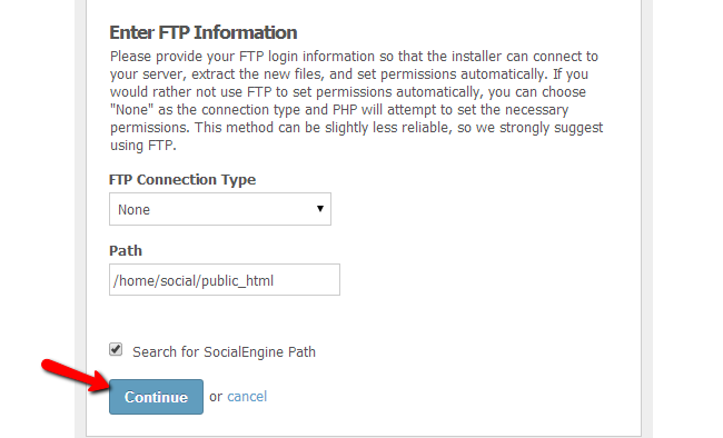 Enter FTP details for a module installation in SocialEngine