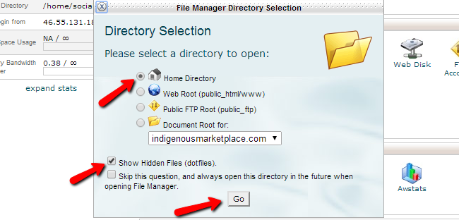 Access home directory of your account via file manager in cPanel