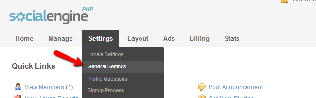 Access general settings menu in SocialEngine