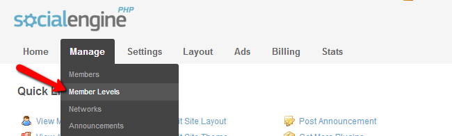 Access member levels menu in SocialEngine