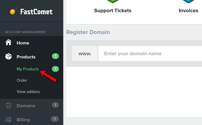 Accessing the Products menu in FastComet client area