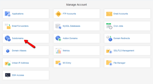 Accessing the Subdomains menu 