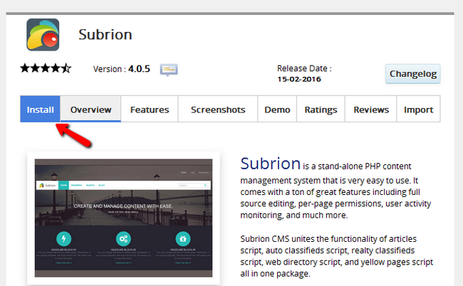 Selecting the Install option for Subion