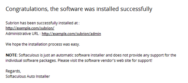 Successfully completing the Softaculous Installation of Subrion