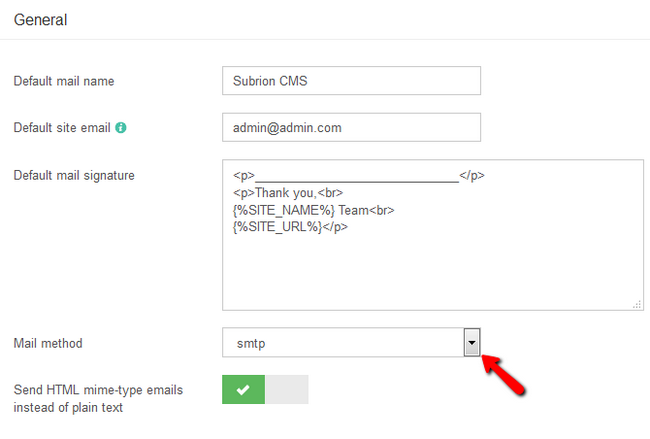 Configuring the mail address, signature and enabling smtp in Subrion
