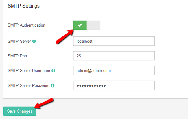 Configuring the SMTP settings in Subrion