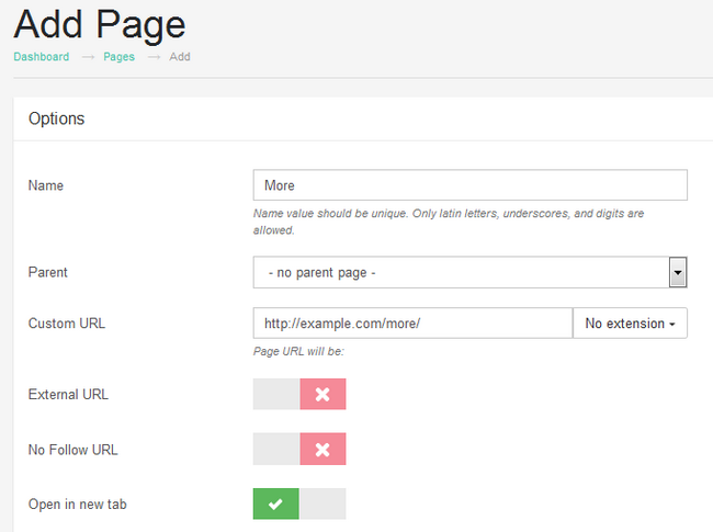 Configuring a new Page in Subrion