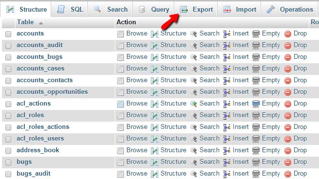 exporting the database