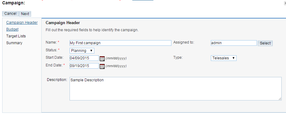 configuring the campaign header