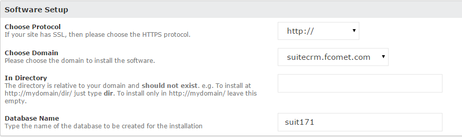 Software Setup via Softaculous SuiteCRM Installation