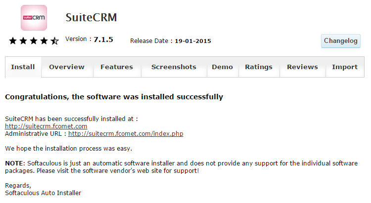 Successful SuiteCRM Installation via Softaculous
