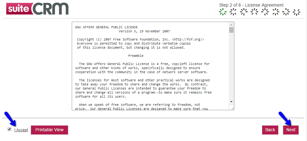 SuiteCRM Installation - License Agreement