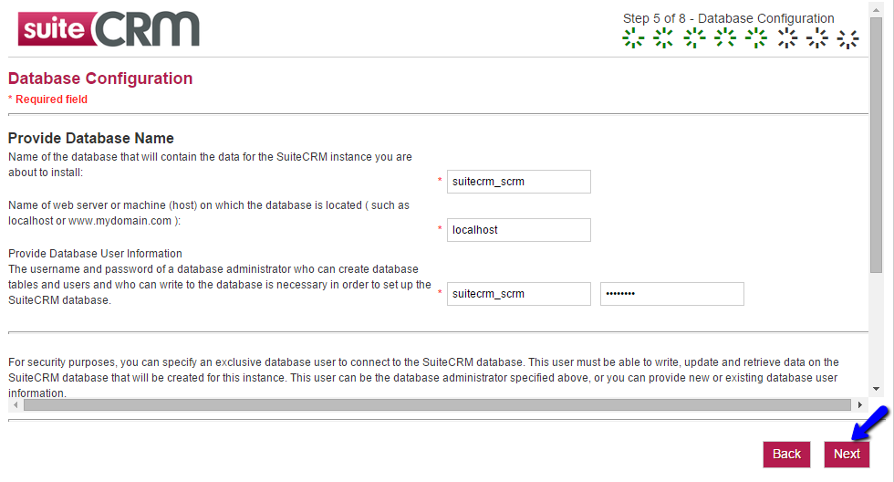 SuiteCRM Installation - Database Configuration