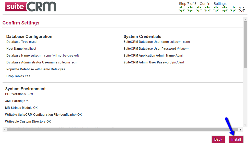 SuiteCRM Installation - Confirm Settings