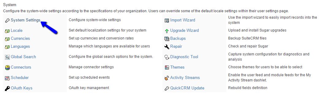Access System Settings in SuiteCRM