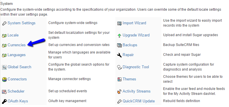 Access Currency Manager in SuiteCRM