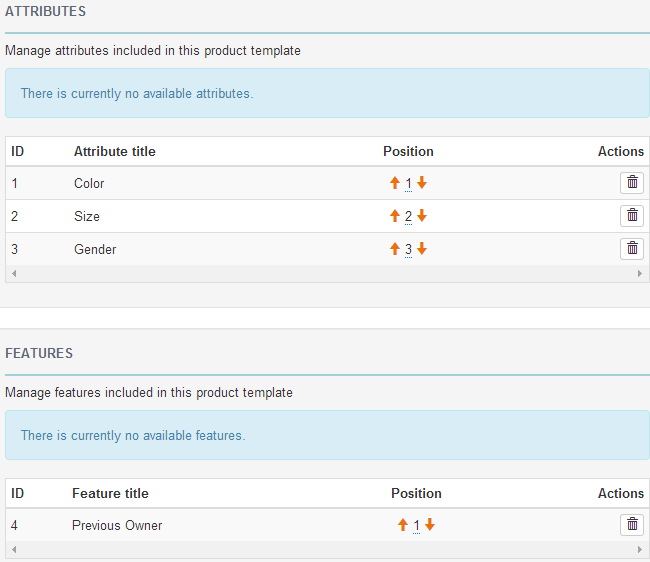 Add attributes and features to product template in Thelia